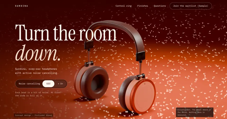 Opening screen of the SURDINA concept site (fictional brand).