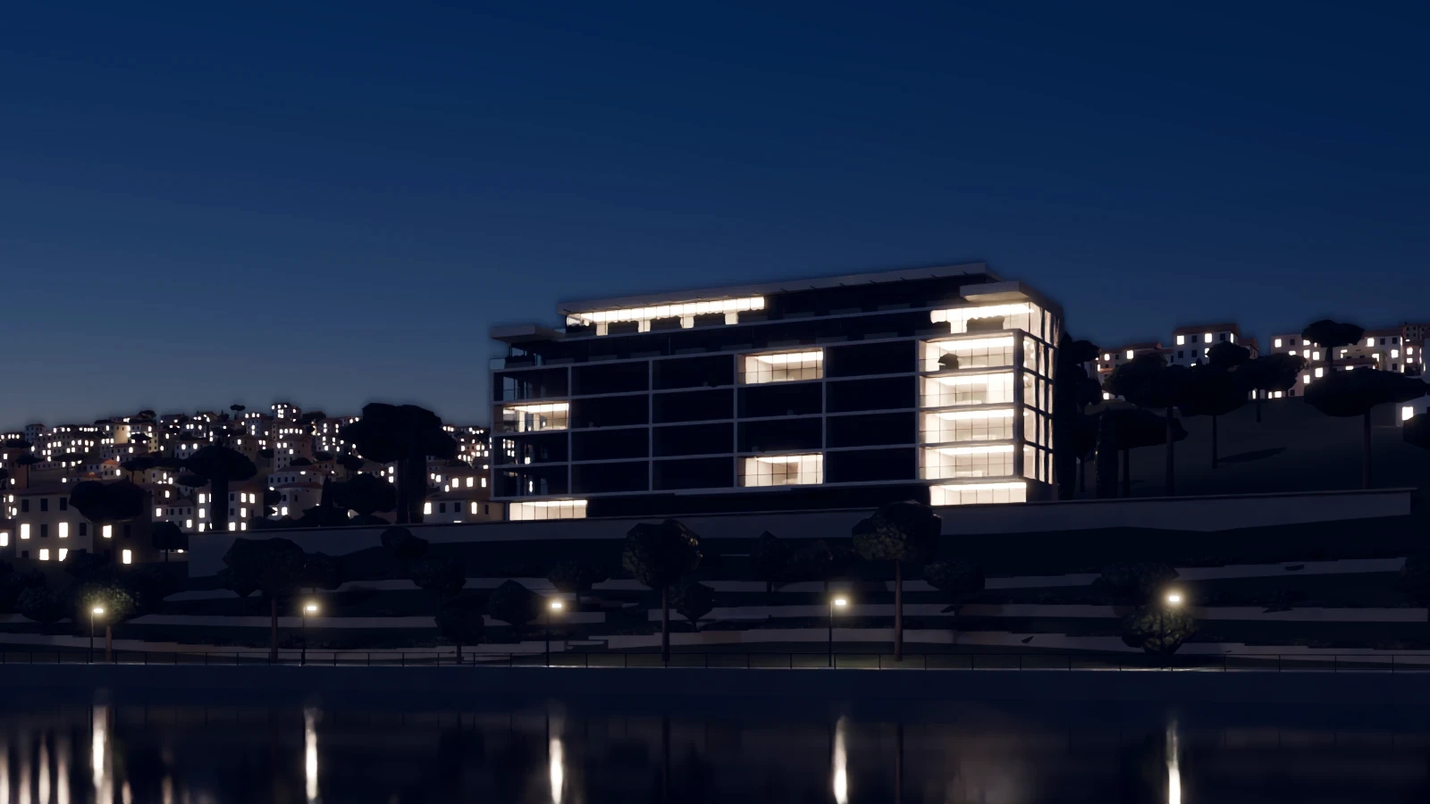 Rendering of GNÓMON at first light: a fictional seven-storey building of pale stone and glass, its terraces stepping back, on a planted hillside above the river, with the lit windows of the city behind.