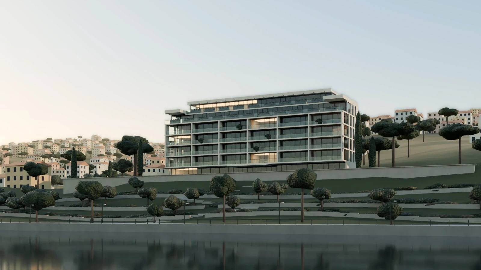 GNÓMON at 07:45, low morning sun on the east corner. Rendering of a fictional building.