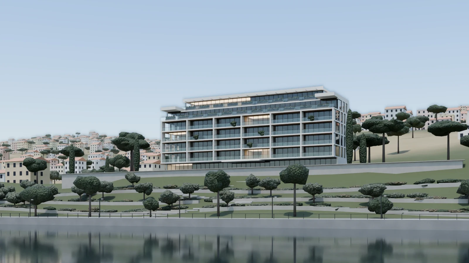 GNÓMON at 13:38, high midday sun over the river façade. Rendering of a fictional building.