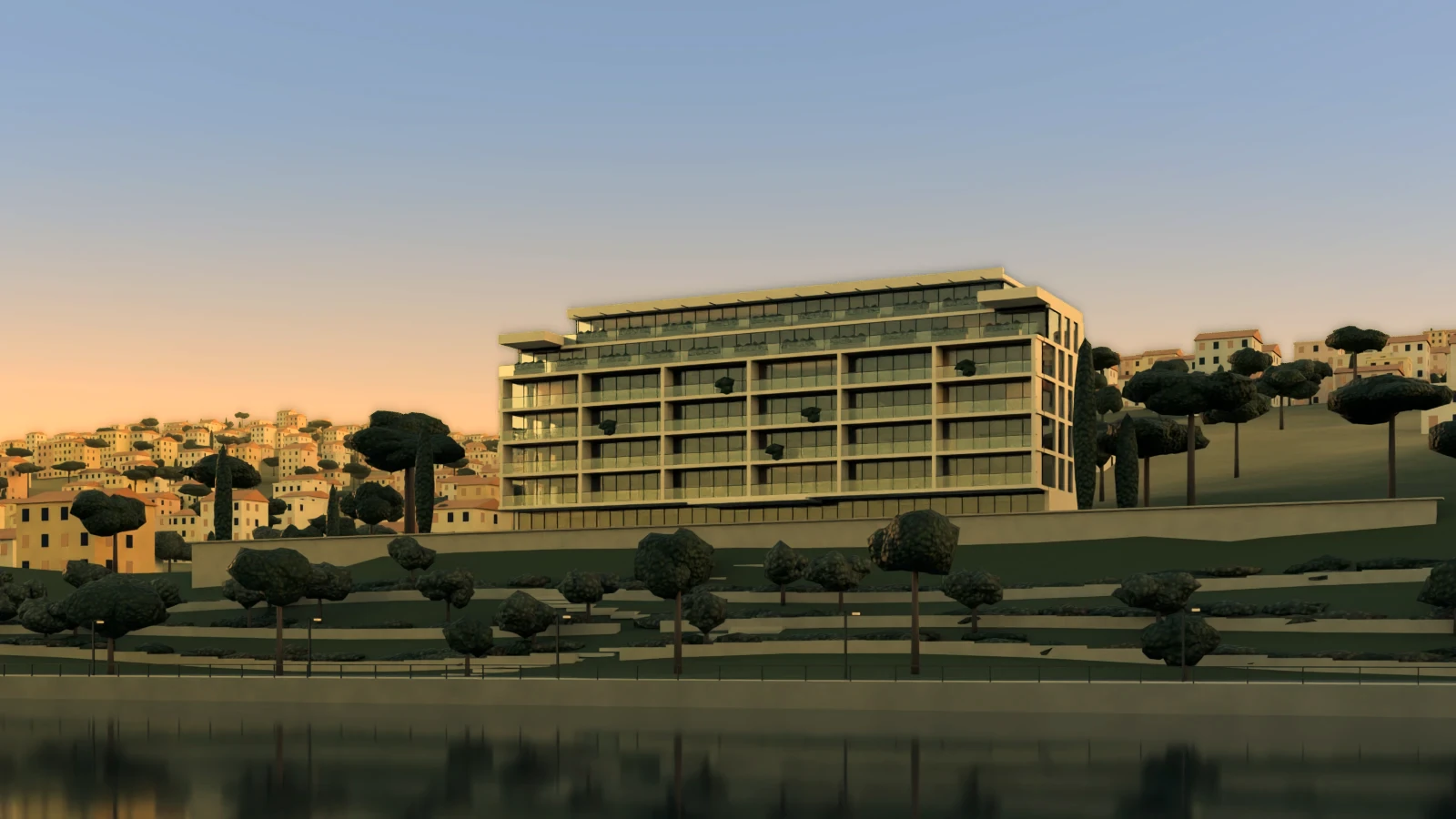 GNÓMON at 20:25, evening sky and the first lit windows. Rendering of a fictional building.