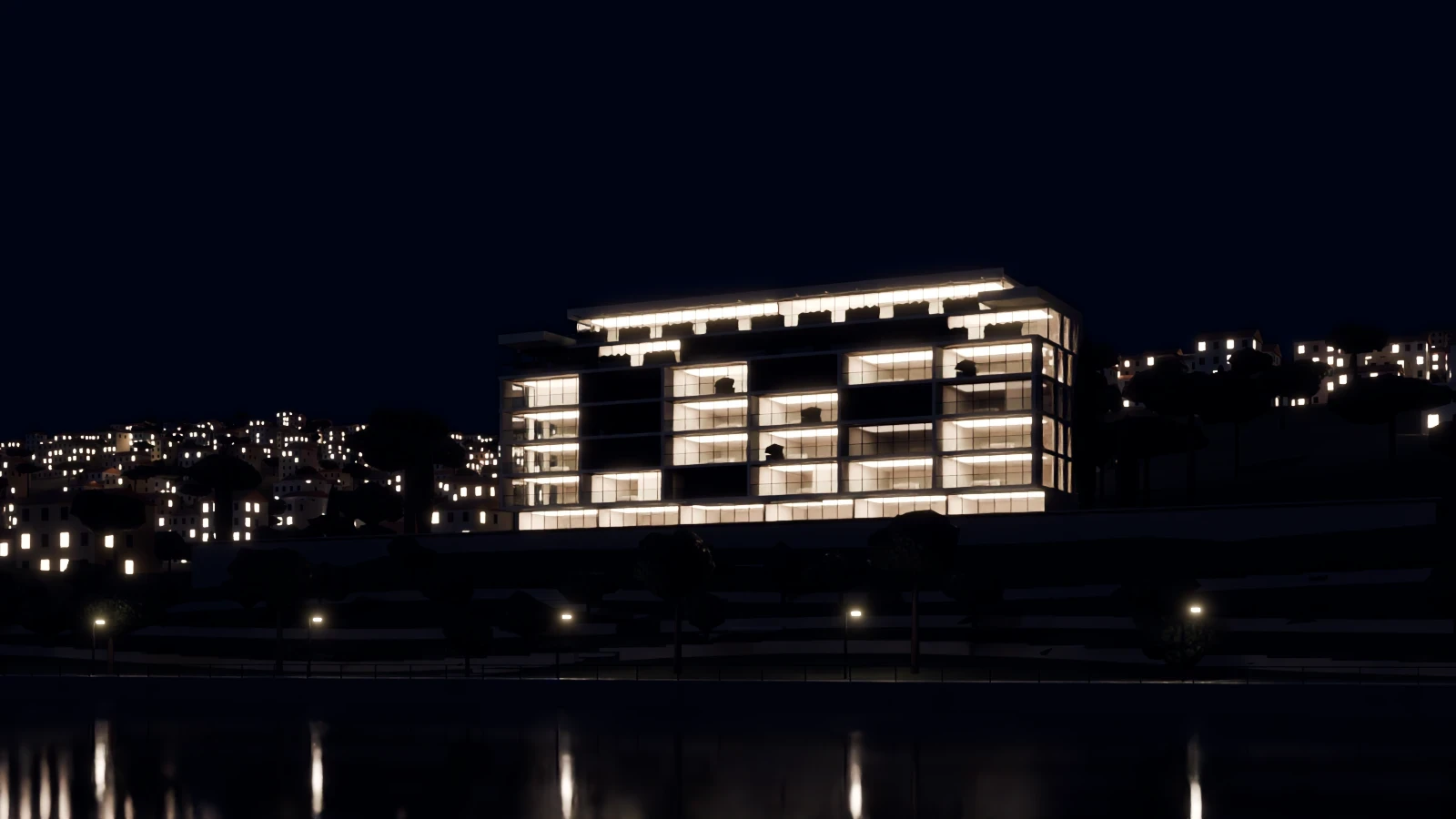 GNÓMON at 22:00, night, with lit windows across the façade. Rendering of a fictional building.